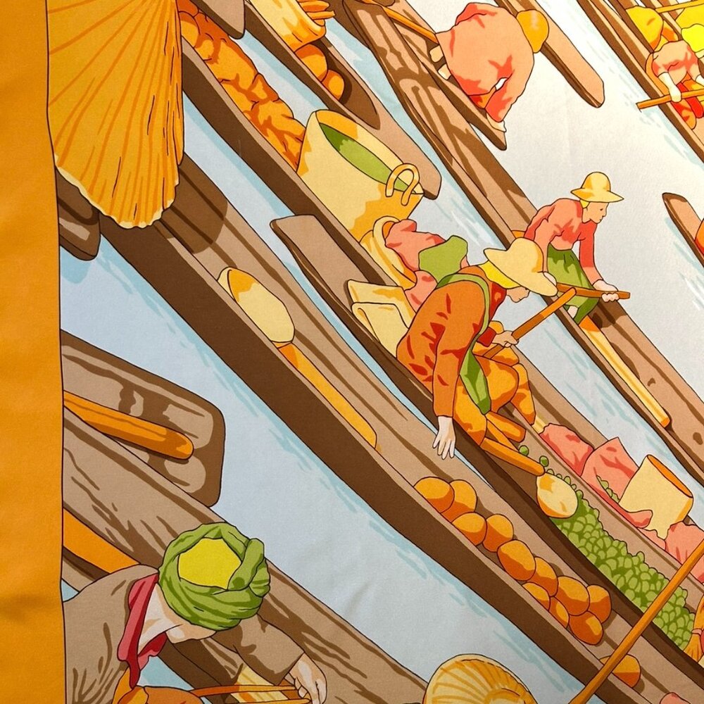 Hermes Silk "Marche Flottant Du Lac Inle II" Scarf Tangerine Color w Blue - Picture 11 of 16